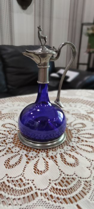 Уникална Старинна Гарафа Кана Декантер Кобалтово Стъкло