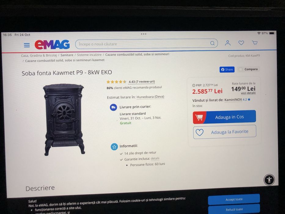 Soba din Fonta, Noua - Kawmet P9 - 8kw