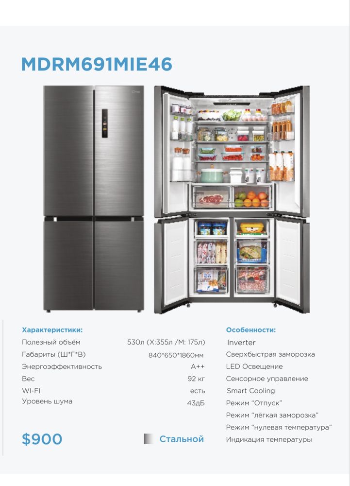 Шикарный холодильник MIDEA MDRM691MIE46 (стальной) на 530 л / Доставка