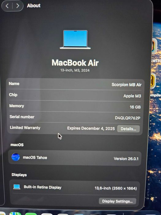 Apple MacBook Air M3 13 inch, 512GB SSD, 16 GB Ram