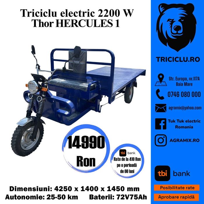 Triciclu electric platforma 2.8m Thor Hercules 72V 75Ah motor 2200W