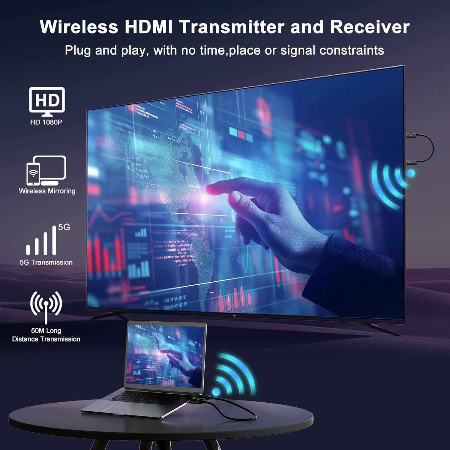 Безжичен HDMI предавател и приемник Uniytriox, 1080P HD HDMI
