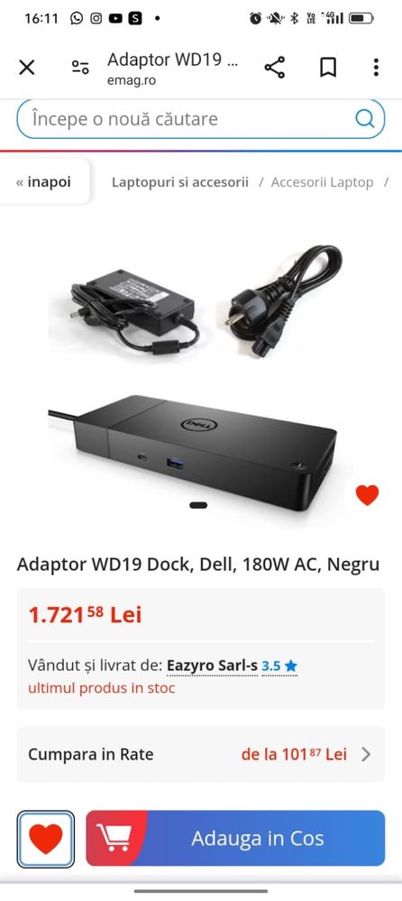 Adaptor WD19 Dock, Dell, 180W AC, Negru