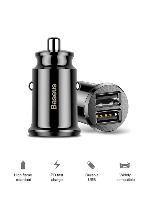 Бързо зарядно за запалка BASEUS 3.1A, Черно, FAST Charger, 2 USB порт