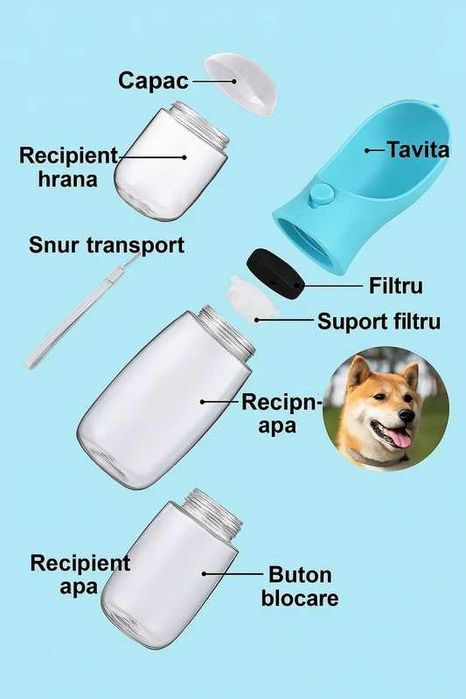 Sticla de apa portabila pentru caini si pisici 500 ml, 2 in 1