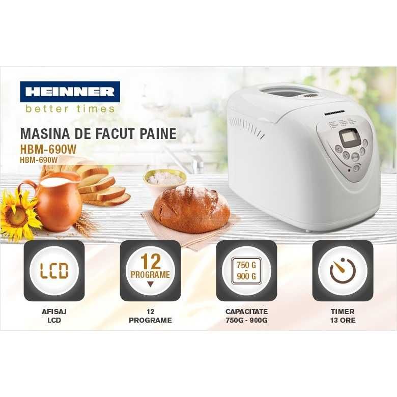 Vand Masina de paine Heinner HBM-690 W, 600 W, 900 g, 12 programe, Alb