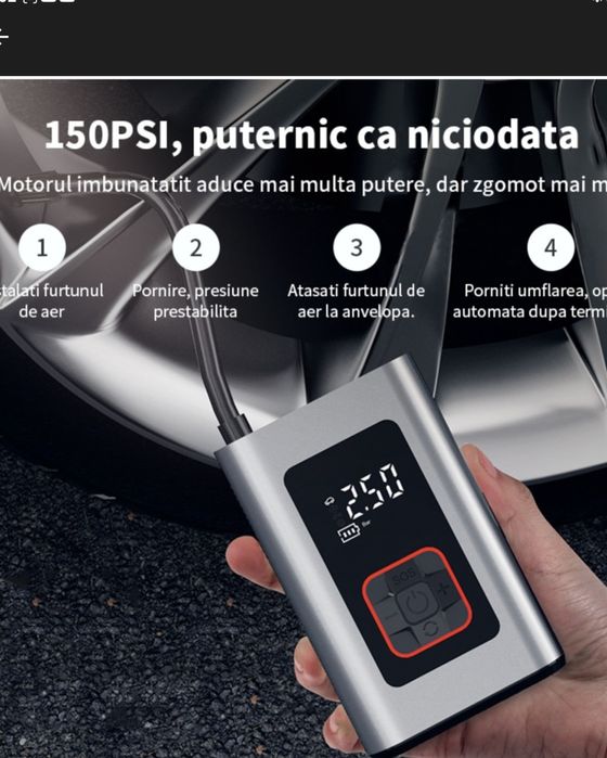 Compresor Auto portabil, Gomunly, Wireless, 150 PSI, 4000 mAh,