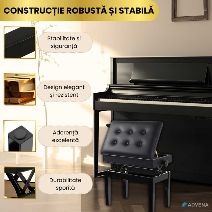 Scaun pian reglabil, sezut captust, inaltime 48-58 cm, piele naturala