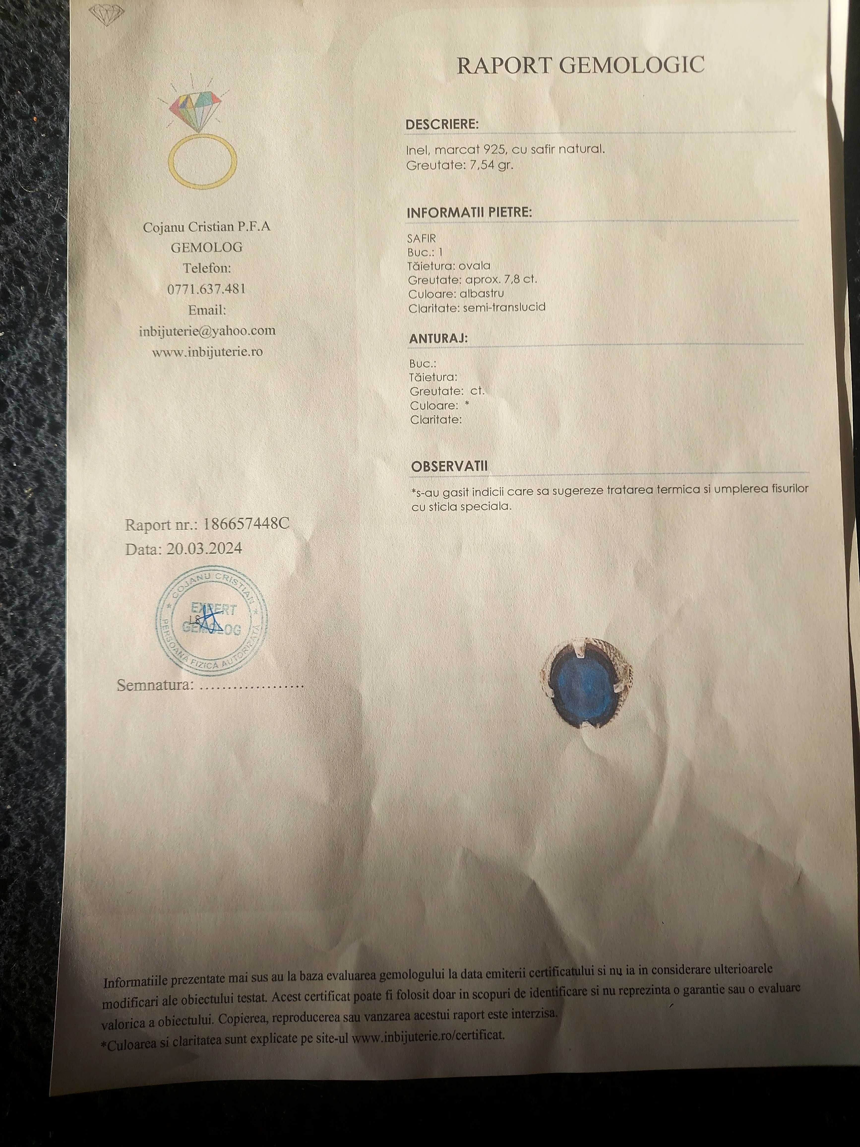 Safir natural mare albastru 16×13mm aprox. 8 ct certificat geamologic.