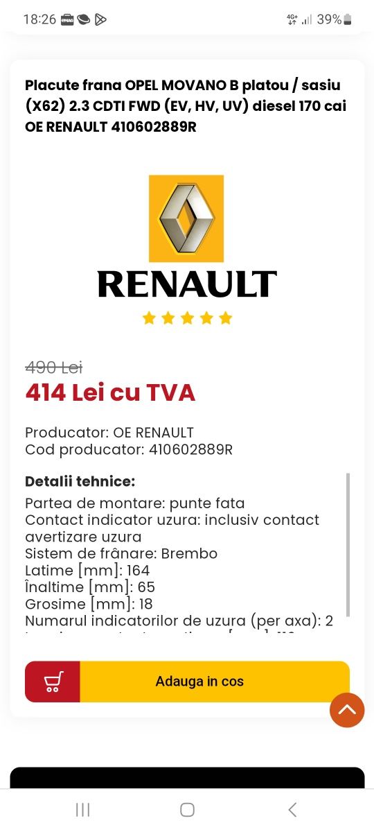 Filtre+placuțe frână față originale Renault pt. Renault Master, Opel M