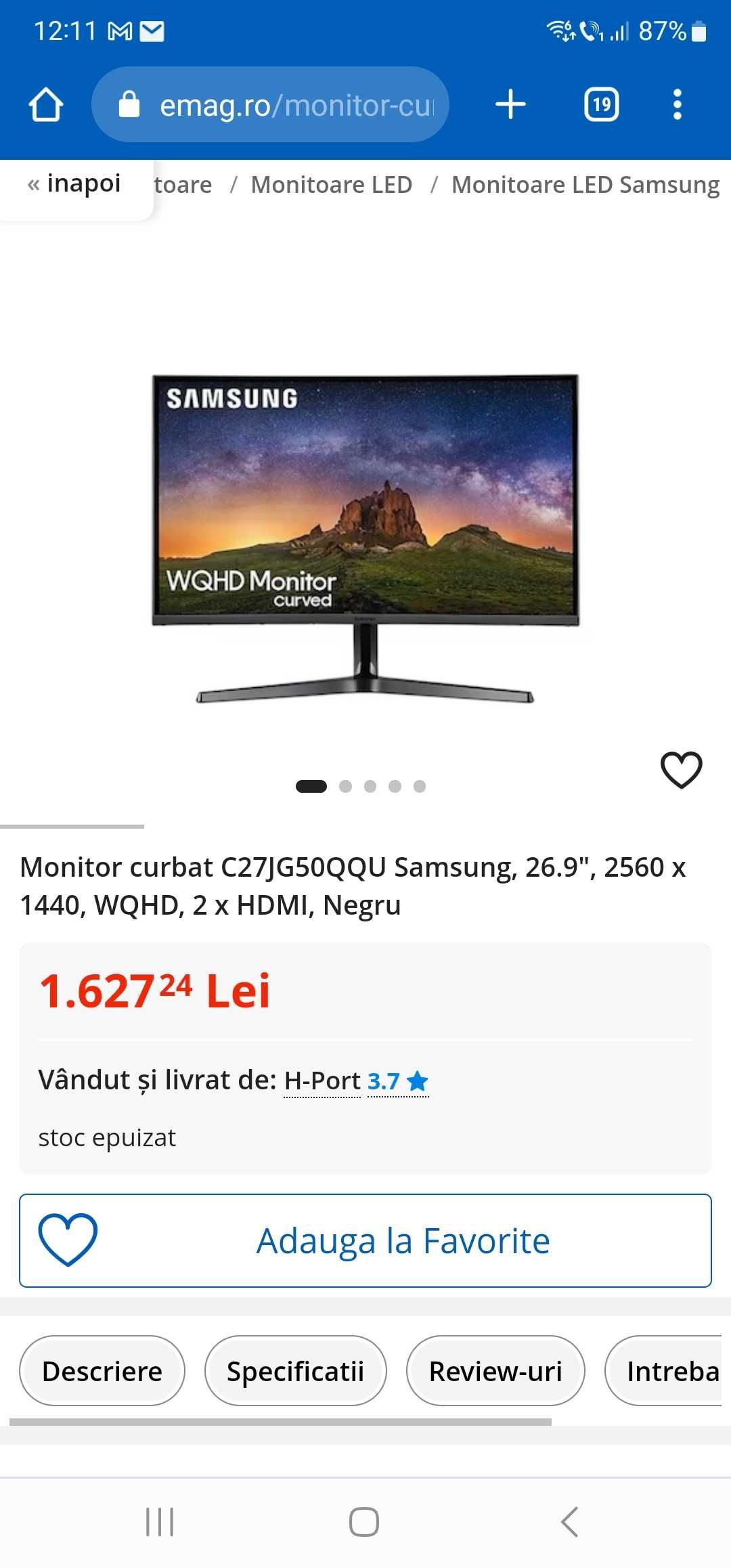 Monitor curbat C27JG50QQU Samsung, 26.9", 2560 x 1440, WQHD, 2 x HDMI