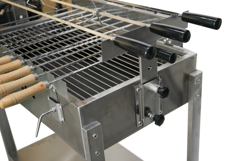 Gratar carbune BBQ FULL INOX, 3 rotiserie in linie si 11 frigarui