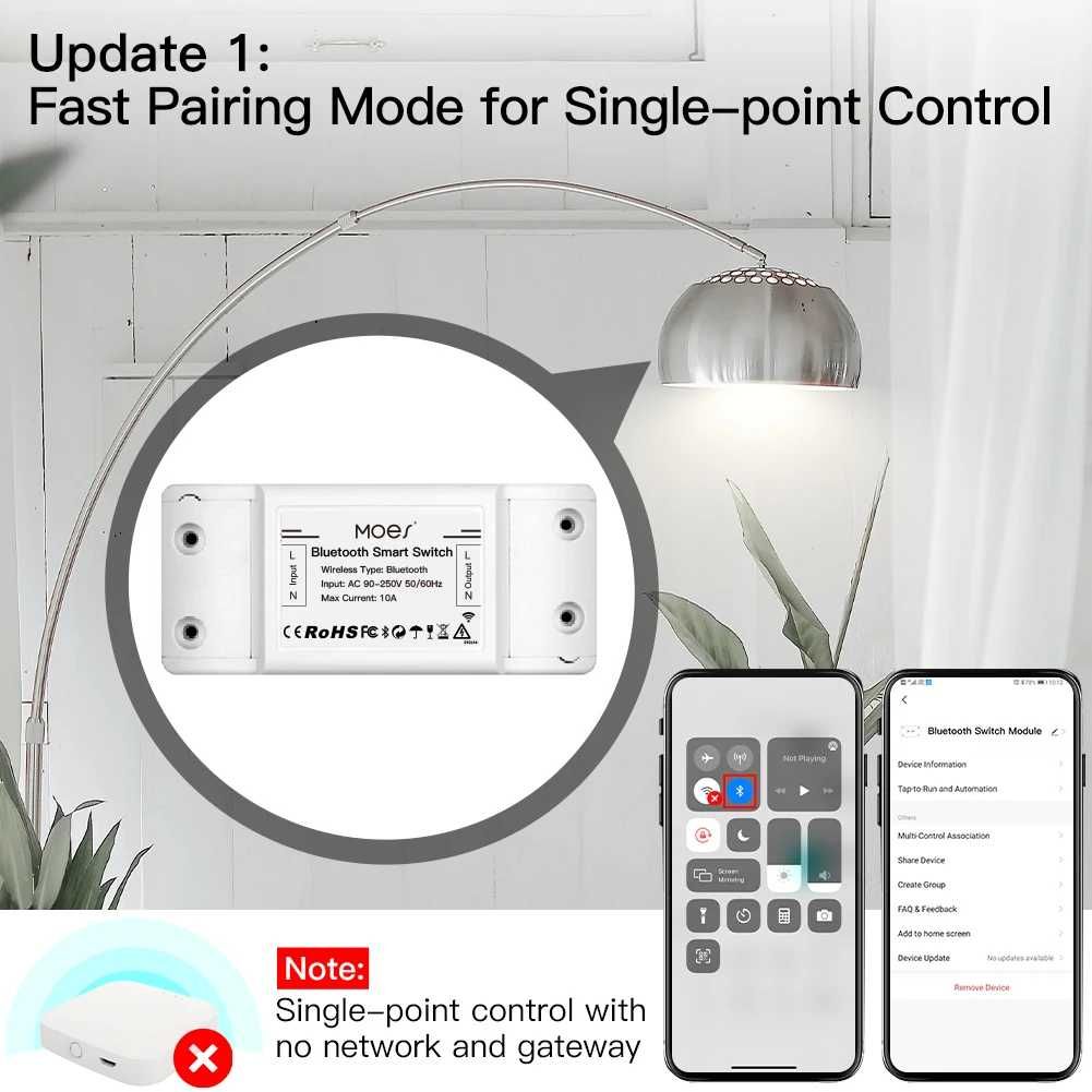 Миниатюрен Bluetooth прекъсвач MOES. 220V,10A. Българско упътване