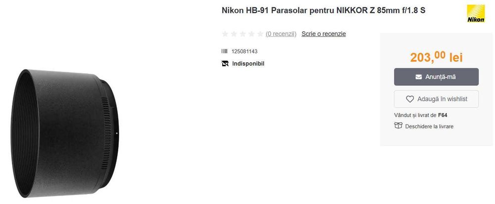 Parasolar Nikon HB-91 pentru Nikon Z 85mm 1.8 S