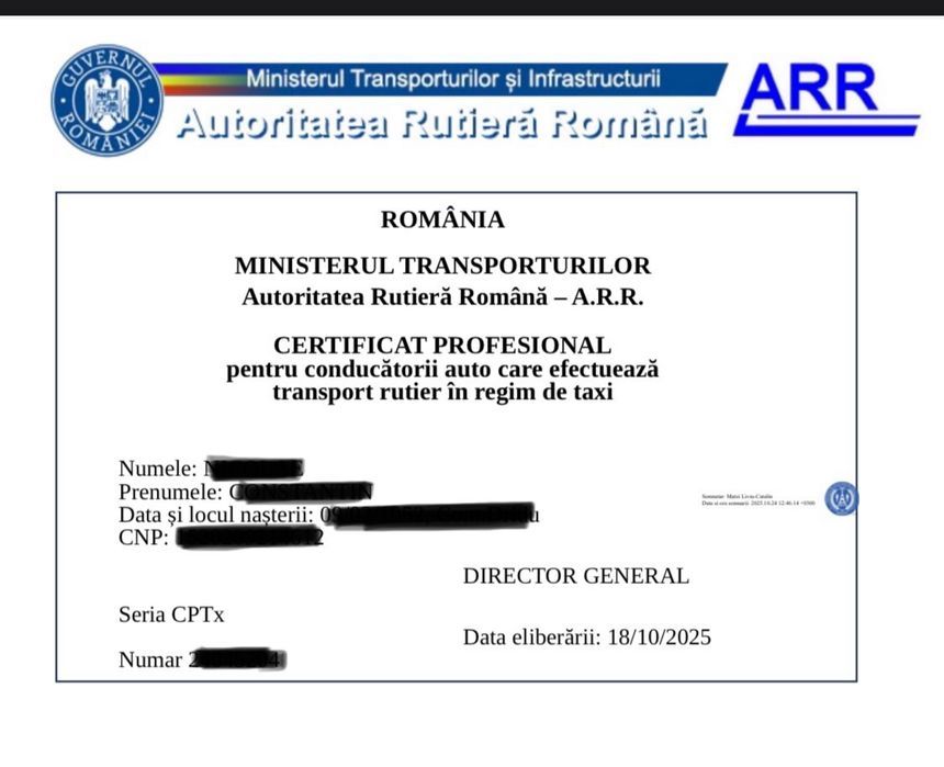 Atestate Uber Bolt Blue Taxi  400 lei totul inclus