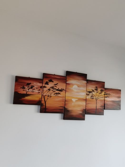 Tablou 5 piese pictat manual Apus în Africa