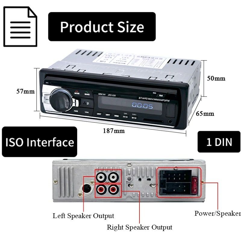 Player auto 1DIN universal, Radio, Bluetooth, AUX, TF card, USB,