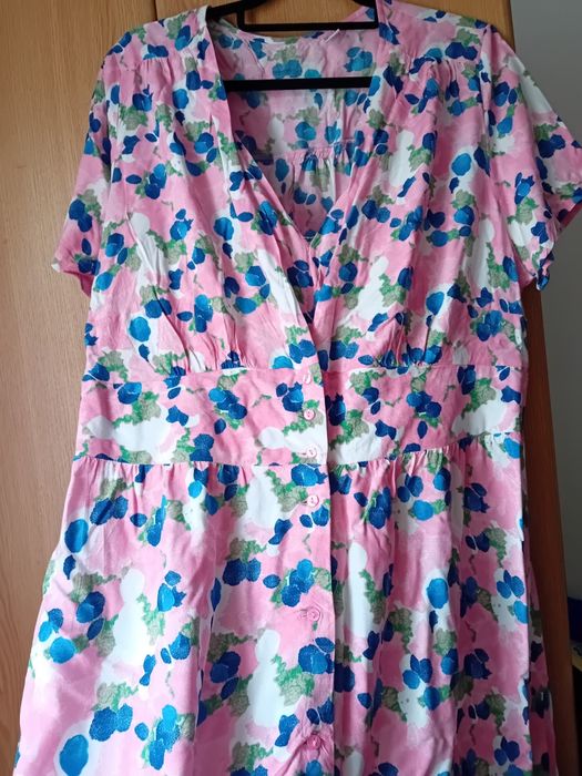 Rochie bumbac, flori roz, lungime medie, Mărimea 48