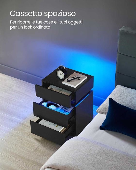 Noptiera cu iluminare LED, Vasagle, 3 sertare, 25 culori, negru