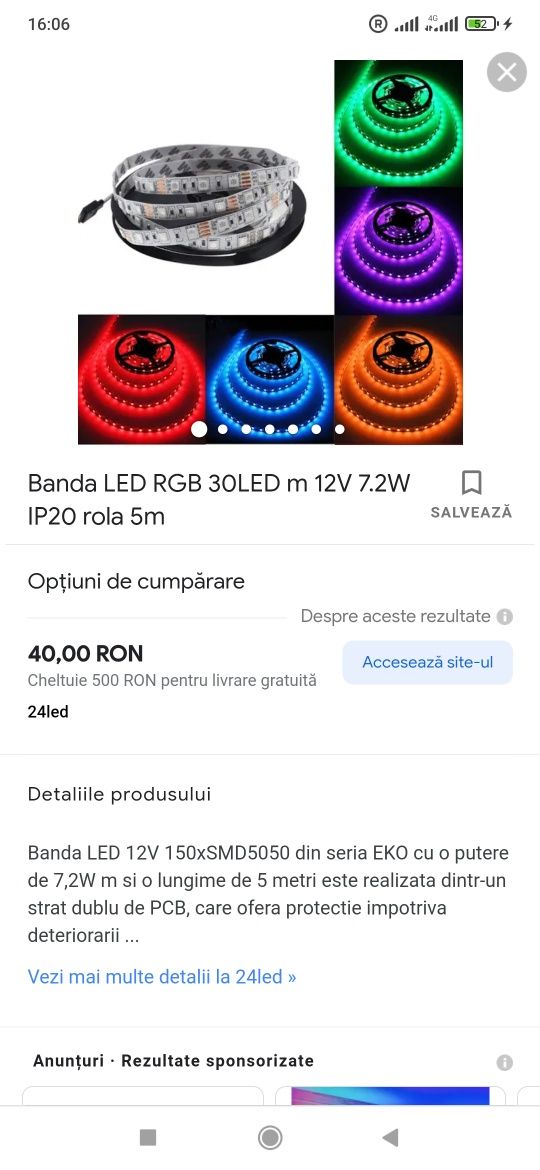 Banda LED RGB 5050 - 60LED/M INTERIOR IP20- DC 12V , 5M/ROLA