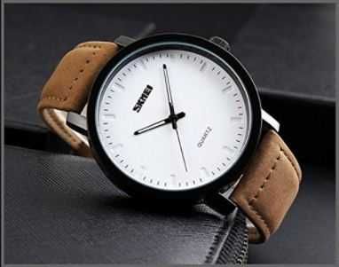 Ceas de mana, cuart analogic, impermeabil, curea piele, clasic, alb