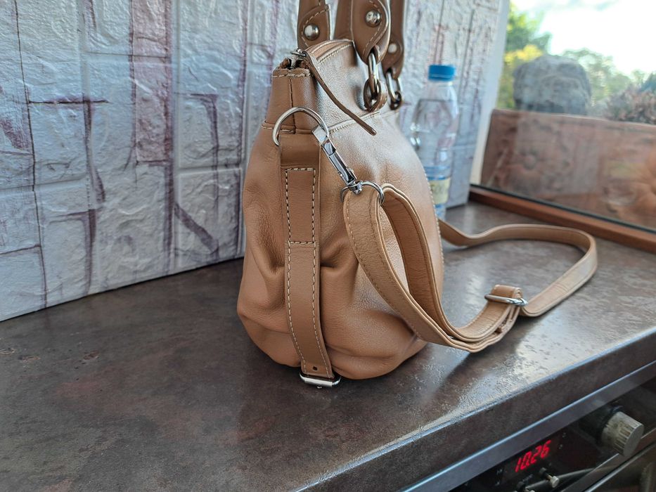 дамска чанта,L.CREDI,бежова кожена торба-естествена кожа