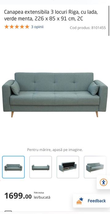 Canapea extensibila 3 locuri Riga, cu lada, verde menta, 226 x 85 x 91