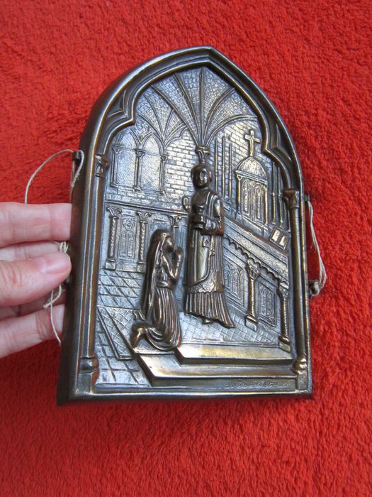 cadou rar bronz semnat, relief tema religioasa