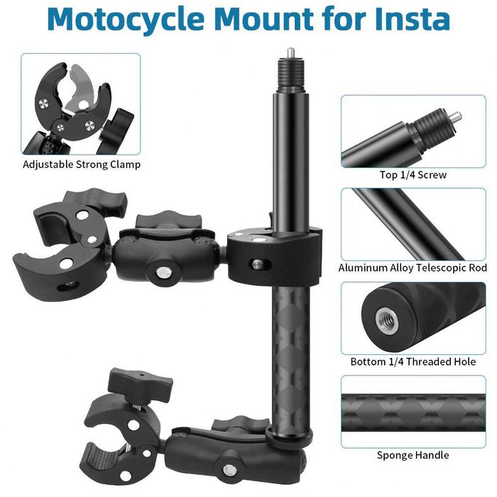 Set prindere moto: selfie stick + 2x clema dubla pt Insta360 GoPro DJI