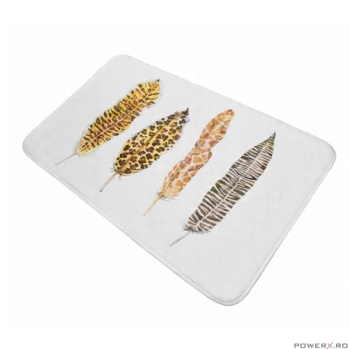 Covoras pentru baie antiaderent, pufos, 50x80 cm, alb cu imprimeu,