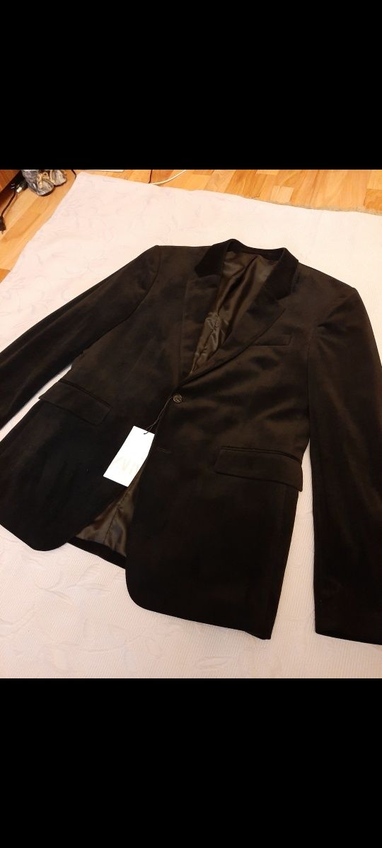 Sacou Zara din catifea,bleumarin si negru,52-42 model Tom Ford