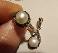 Set vintage argint 925, inel si pandantiv cu perle si marcasite