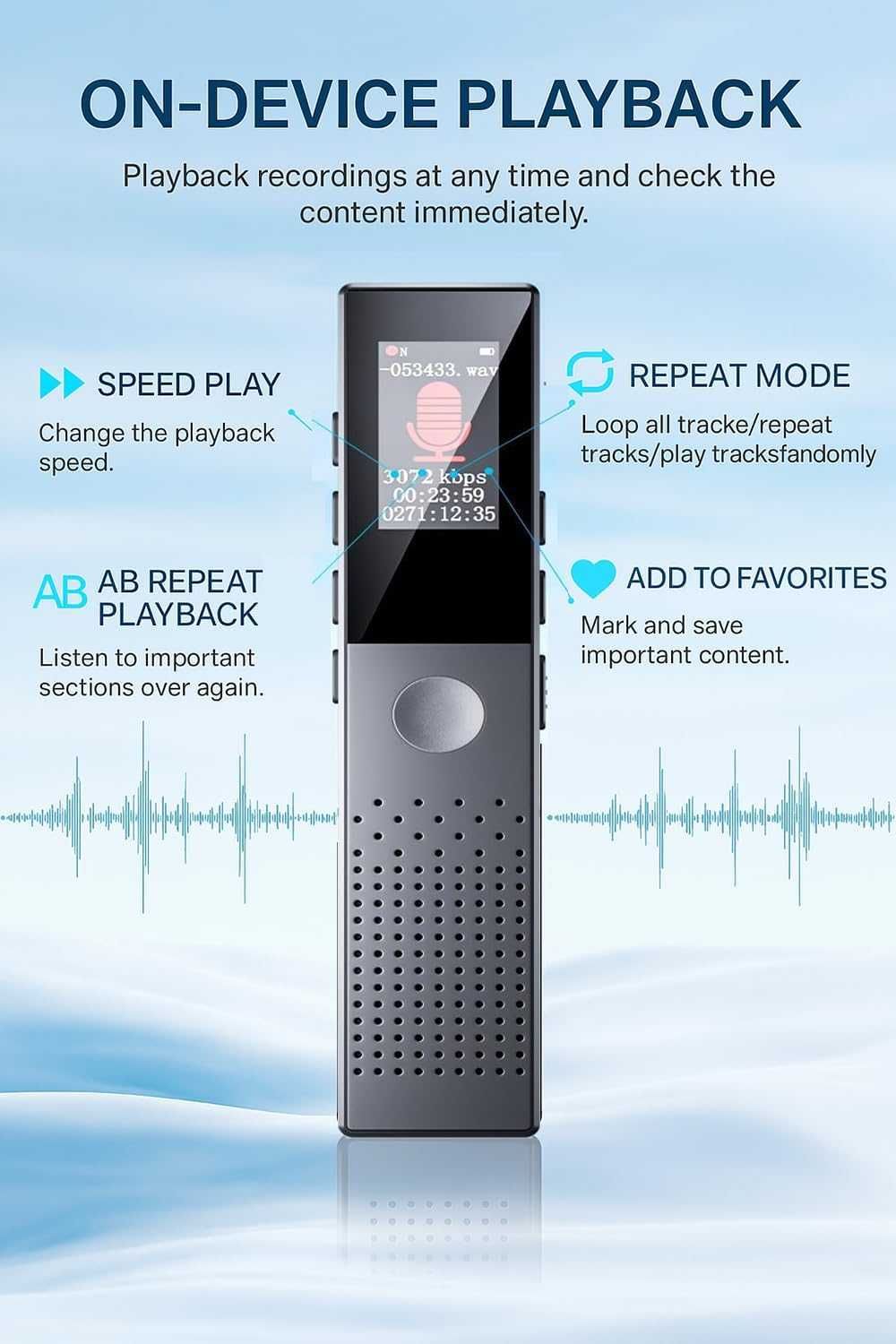 Гласов цифров рекордер с AI шумопотискане, възпроизвеждане, MP3 плейър