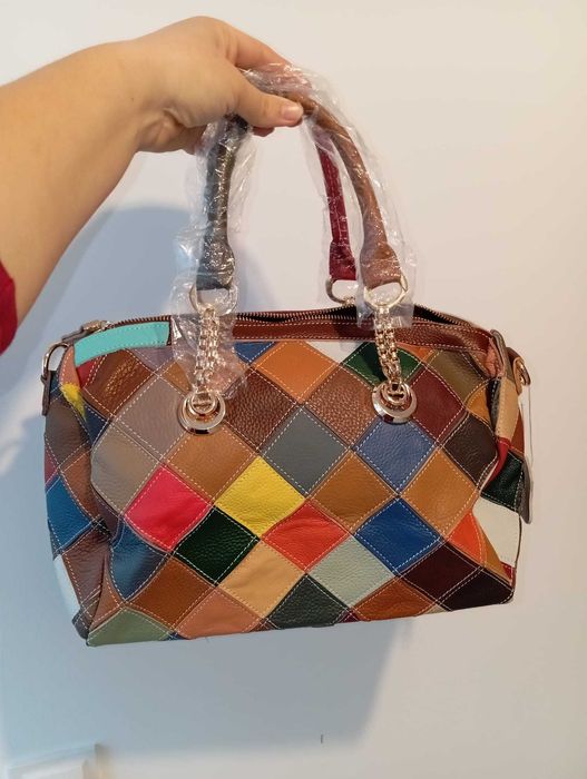 Geanta/poseta de piele naturala noua, multicolora