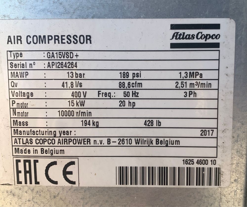 Compresor cu surub 15 kw 13 bar