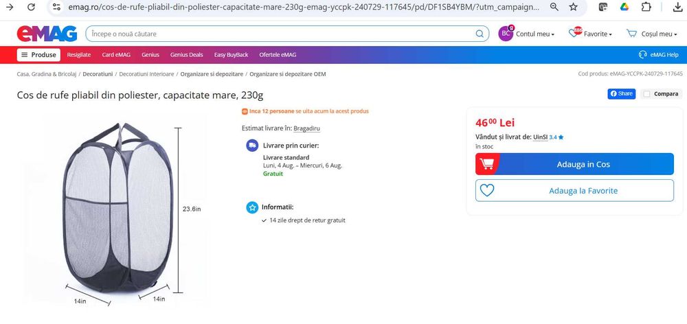 Cos de rufe pliabil din poliester, capacitate mare, 230g