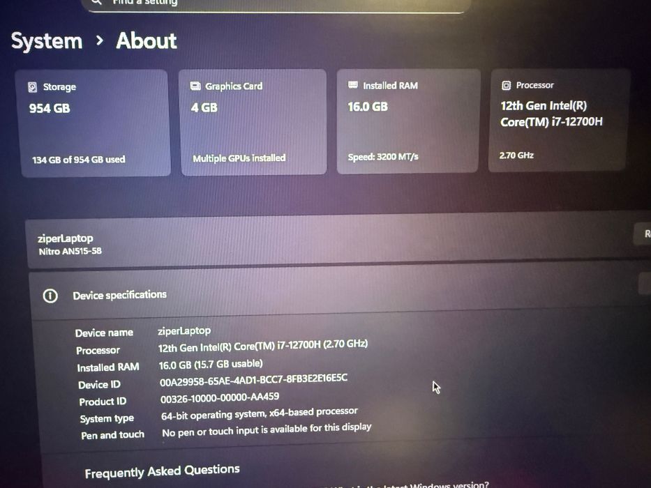 Acer Nitro 5 intel i7-12700H Nvidia 3050ti