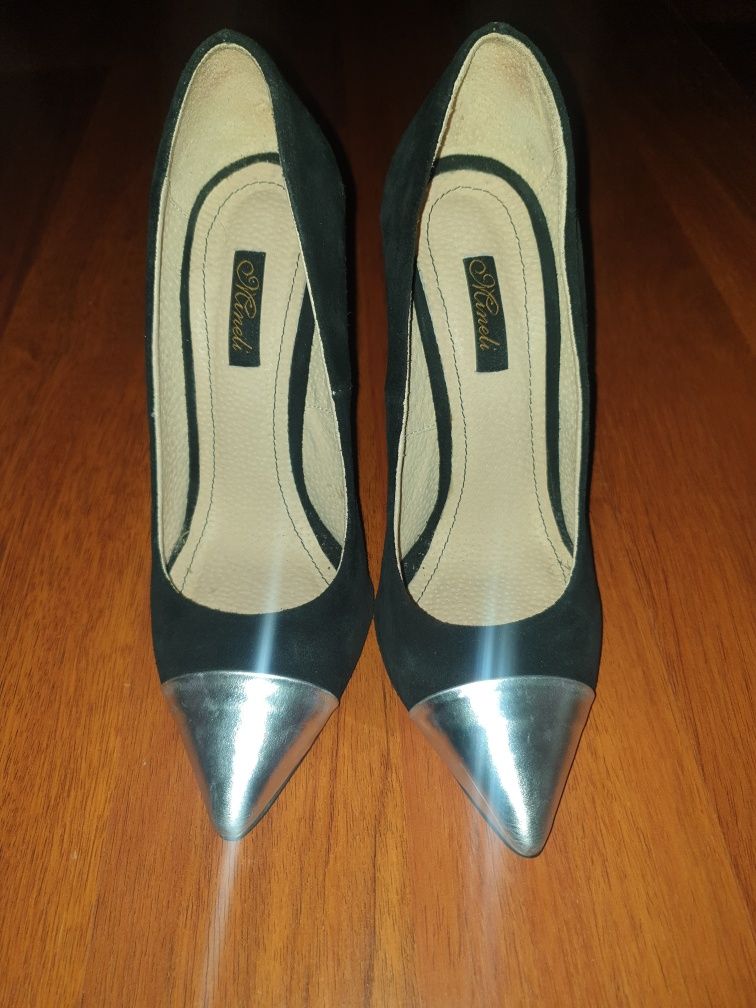 Vand pantofi stileto eleganti din piele intoarsa 38 negru cu argintiu