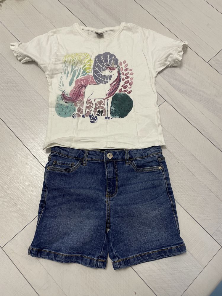 Compleu pantaloni scurt blugi / jeans si tricou unicorn 5-6 ani / 116