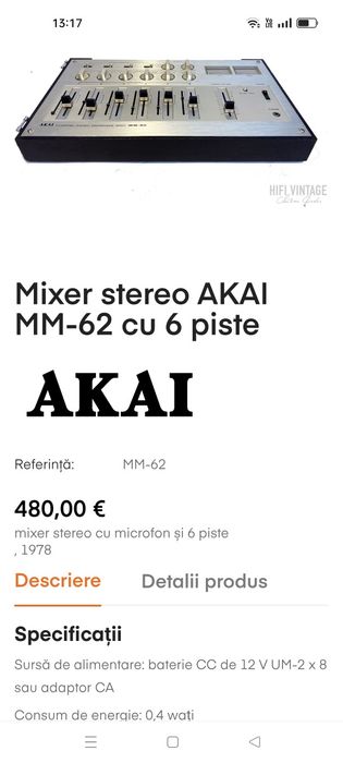 Akai MM 62 mixer audio de colecție cu VU mere perfect funcțional!