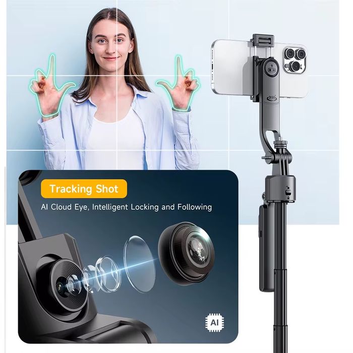 Selfie Stick AI Face Tracking – 360° Automată, Gimbal Trepied