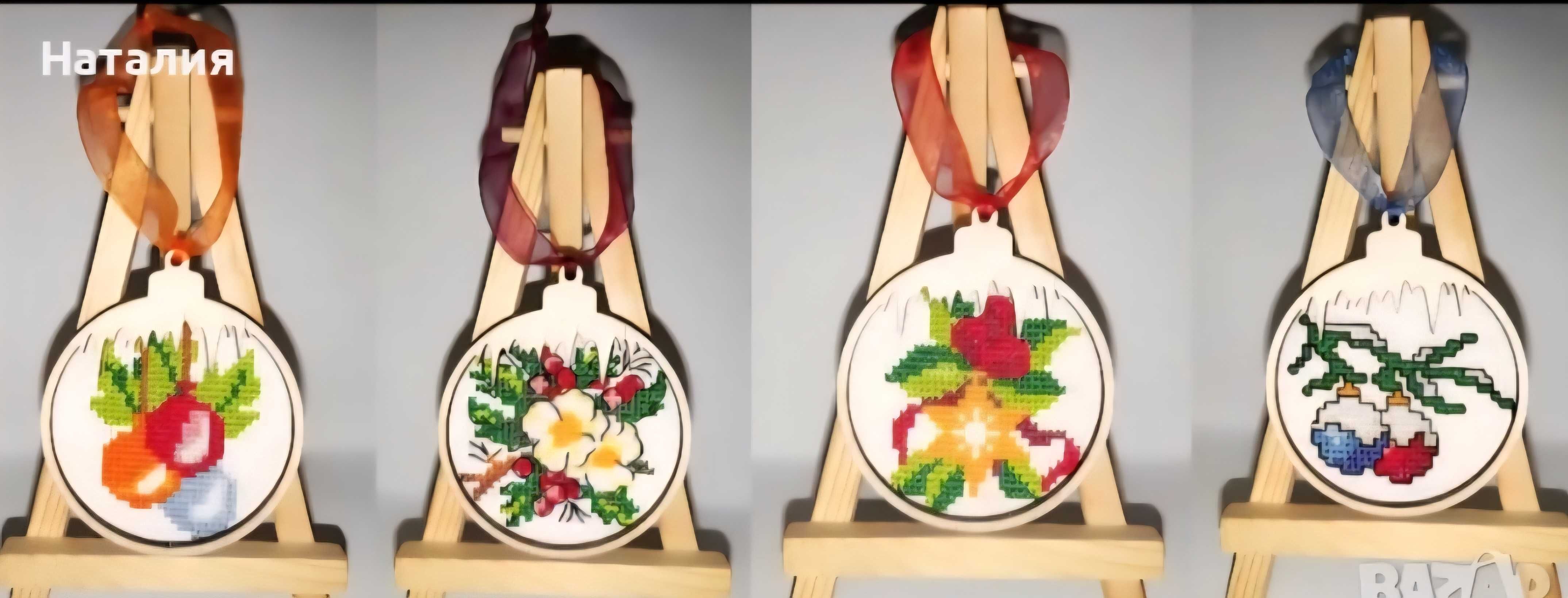 Ръчно бродирани картички, магнити, играчки за елха за Коледа