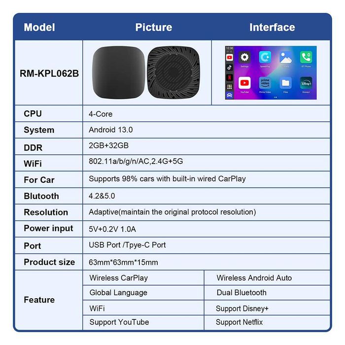 Adaptor USB Carplay Android Auto AI Box Wireless YouTube Netflix
