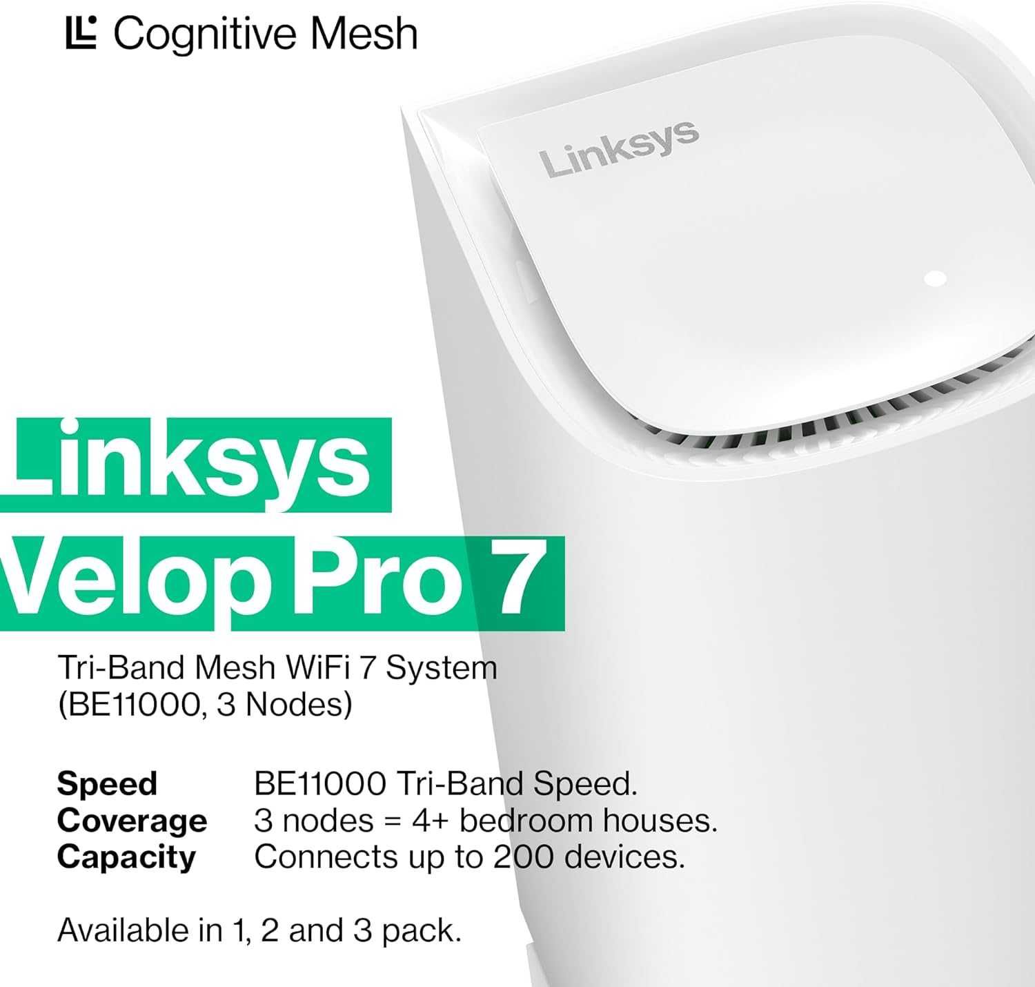 Linksys Velop Pro 7 Mesh WiFi 7 System MBE7003 - Когнитивен рутер,3 бр