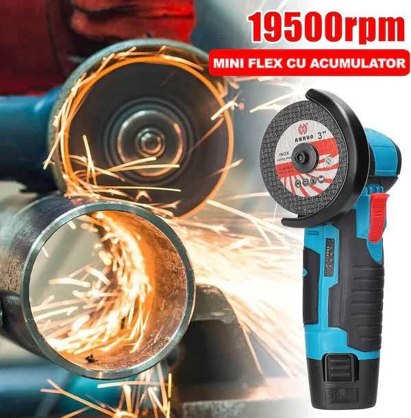Mini Polizor Flex Electric cu 2 BATERII 12V Disc 76MM + 6 DISCURI