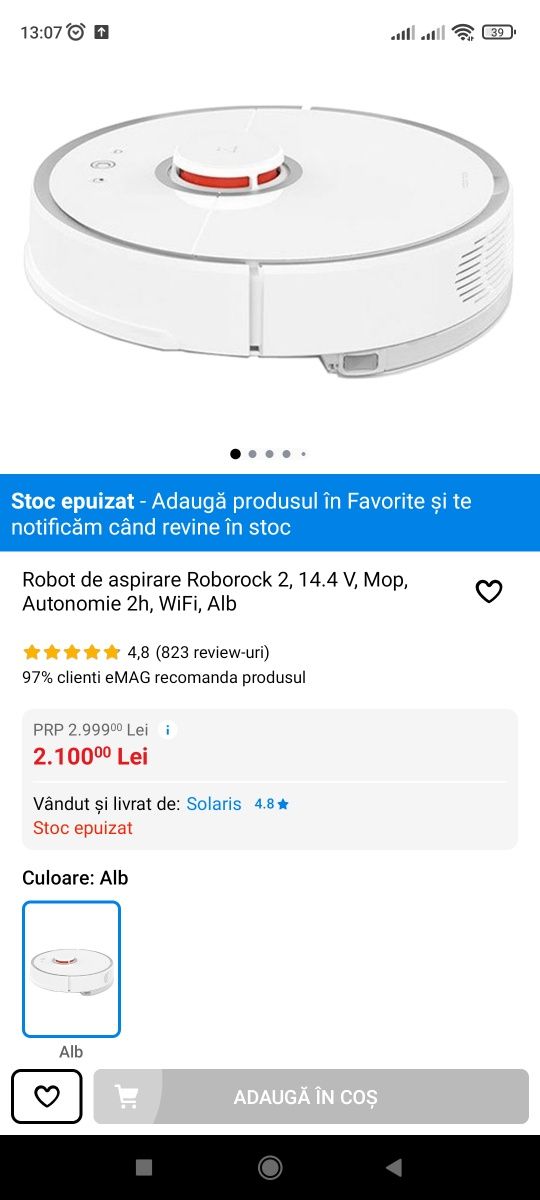 Robot de aspirare si mop Roborock 2, Autonomie 2h, WiFi,