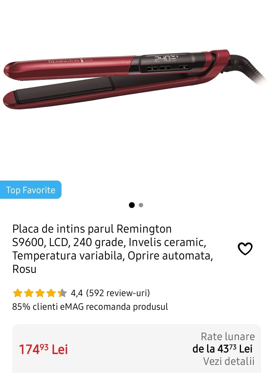 Placa de intins parul Remington S9600, LCD, 240 grade, Invelis ceramic