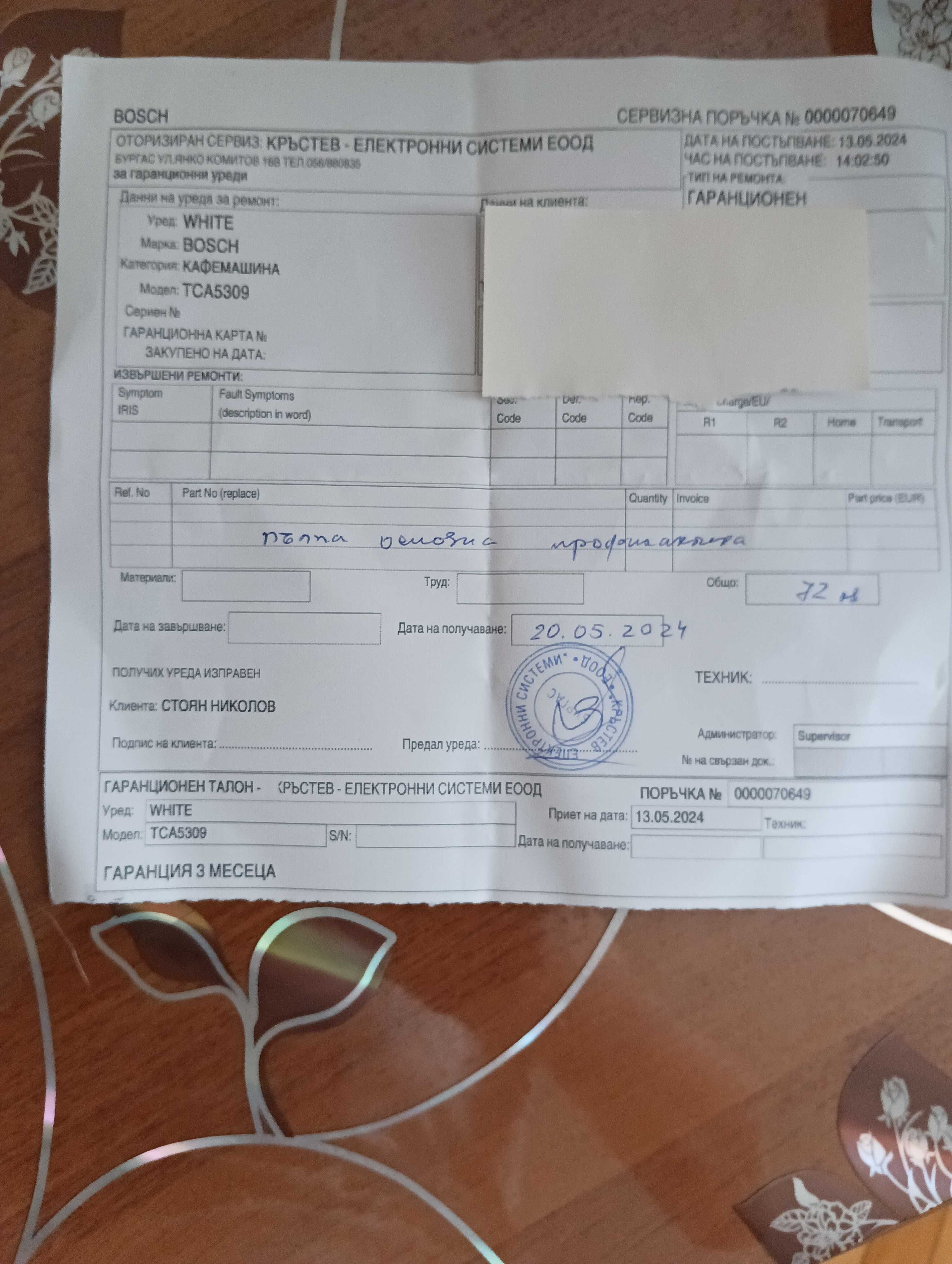 Кафемашина Бош, модел TCA5309