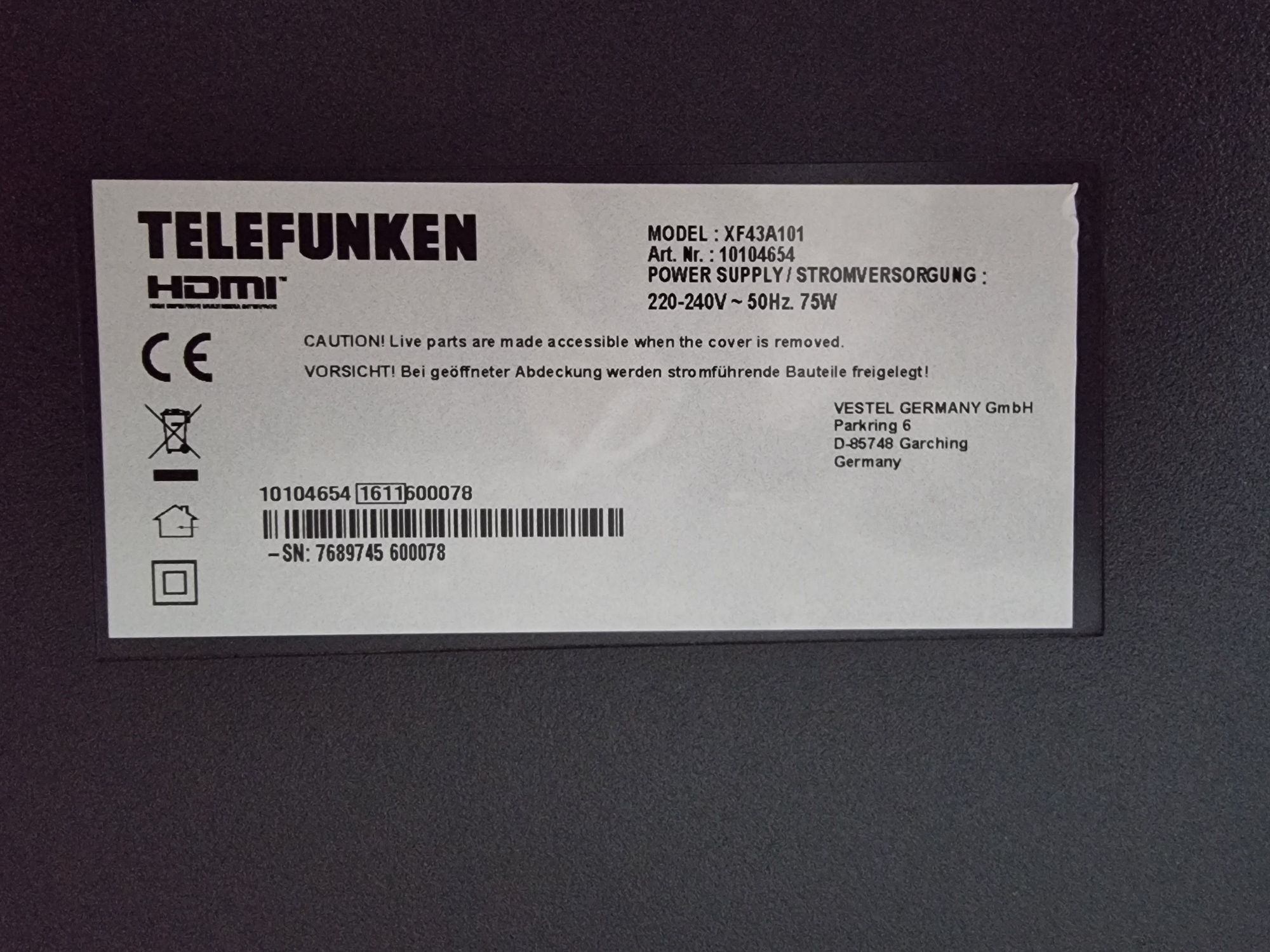 Телевизор/TELEFUNKEN  - 43"/FullHD , Цифрова + Ефирна