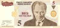 Bancnota TURCIA - 5 lire 2005 - stare buna
